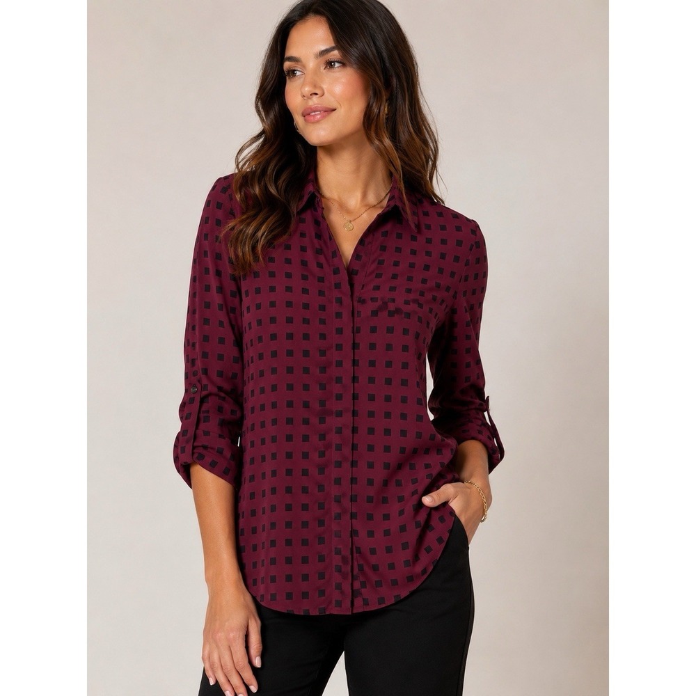 Madewell 100% Silk Burgundy Black Geometric Button Front Blouse Women's Medium